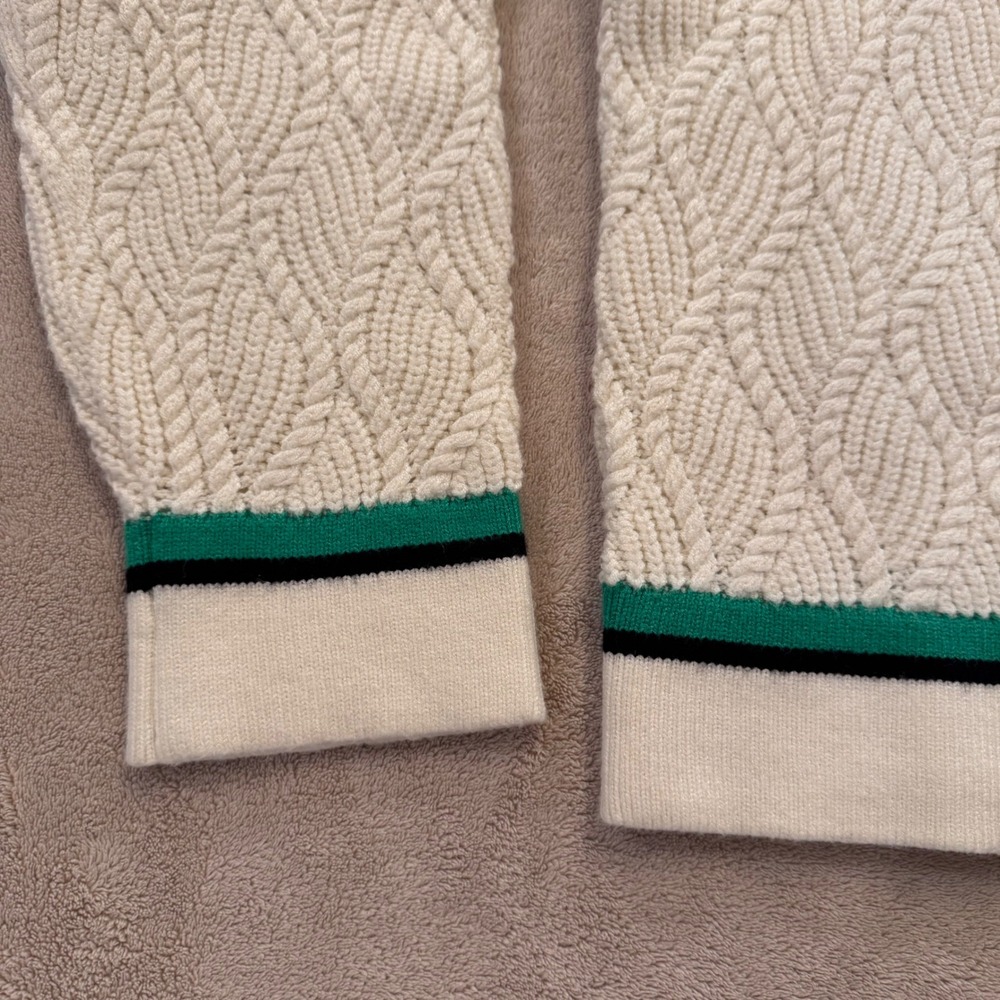 Tahari Cable Knit Cardigan Gold Button Preppy Old Money Quiet Luxury Cream Sz M - Picture 3 of 11